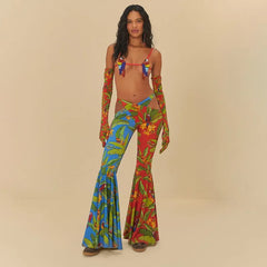 Cross Waist Flared Pants with Butterfly Print in Multicolor_Front 