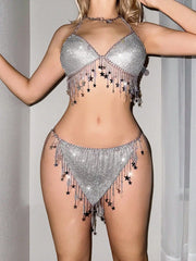 Starstruck Women’s Silver Fringe Bikini Set | Rave Set
