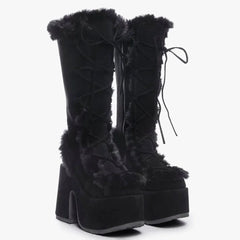 Black Winter Eclipse Faux Fur Platform Boots | Rave Set
