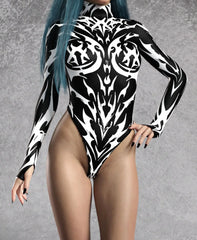 White Flame Print Long Sleeve Bodysuit for Women | Rave Set