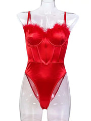 Red Velvet Kiss Feather Bodysuit | Rave Set