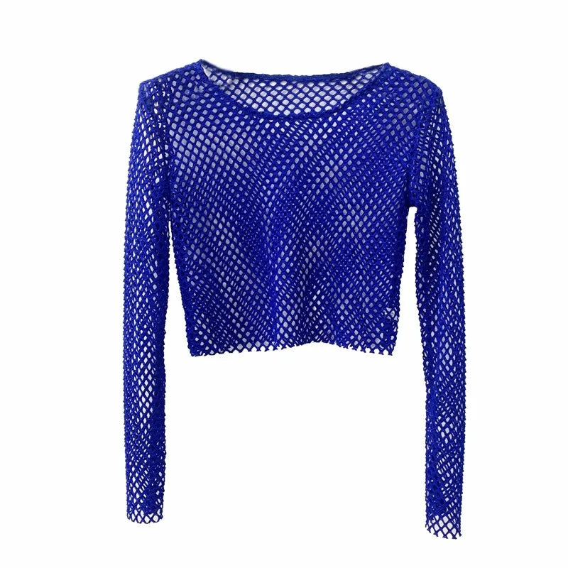 Netted Long Sleeve Crop Top for Women Blue | Rave Set