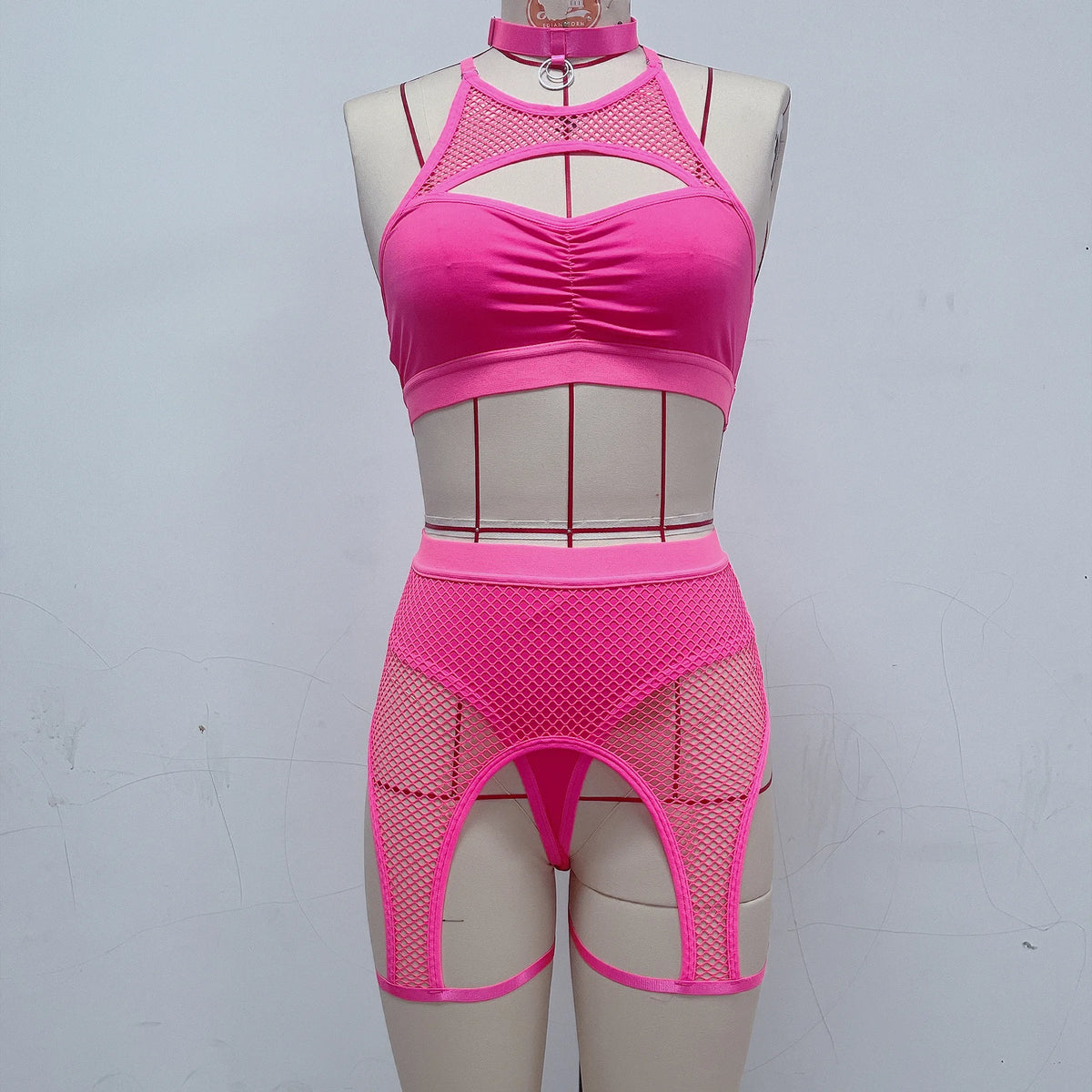 Mesh Bodysuit Bikini Set with Sheer Panels in Hot Pink_Front View