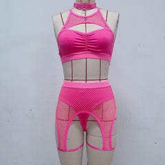 Mesh Bodysuit Bikini Set with Sheer Panels in Hot Pink_Front View