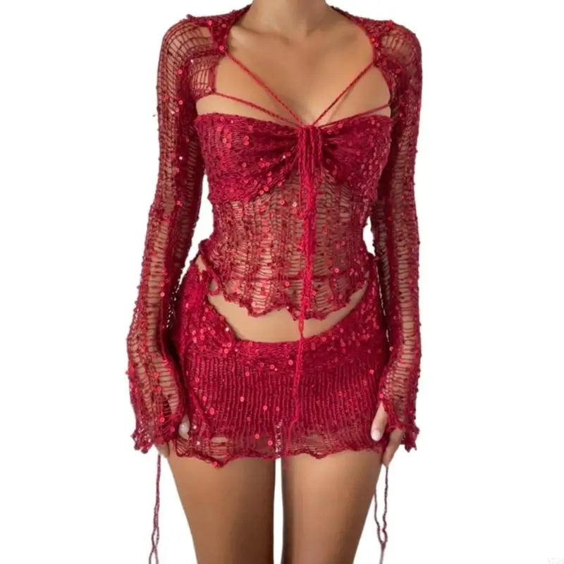 Women’s Sequin Crochet 3-Piece Set Red_Front View