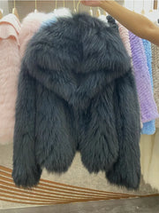 Graphite Mist Hooded Faux Fur Jacket | Rave Set