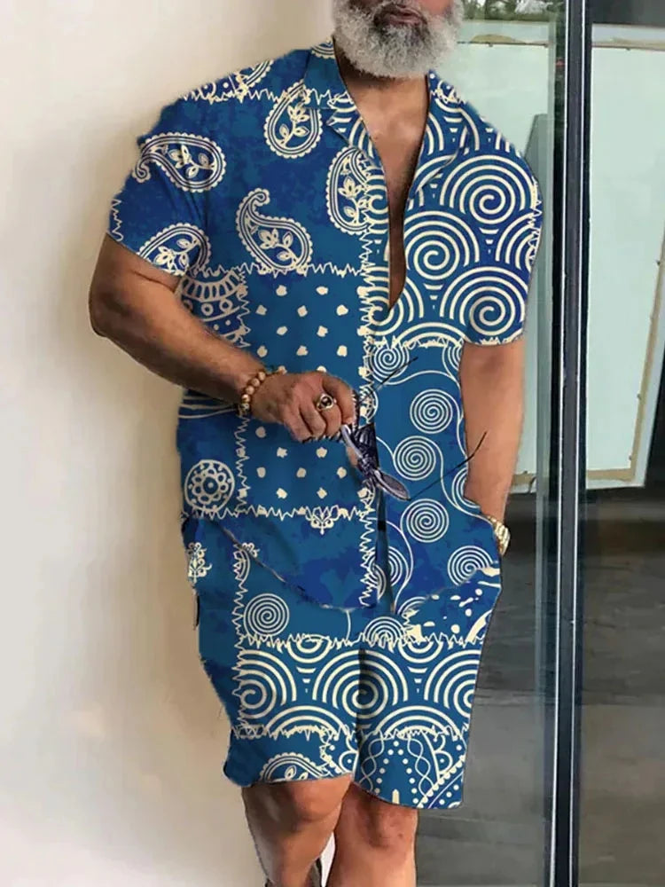 Men’s 2-Piece Short Sleeve Shirt and Shorts in Blue Spiral_Front View