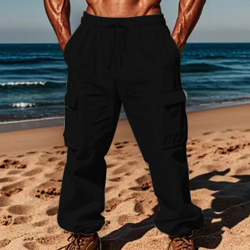 Multi Pocket Drawstring Pants for Men Black_Front View