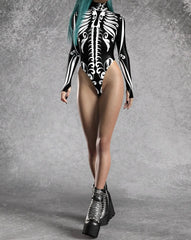 White Skeleton Print Long Sleeve Bodysuit for Women | Rave Set