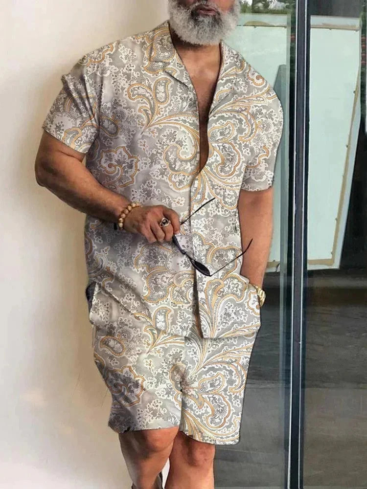 Men’s 2-Piece Short Sleeve Shirt and Shorts Beige Paisley_Front View
