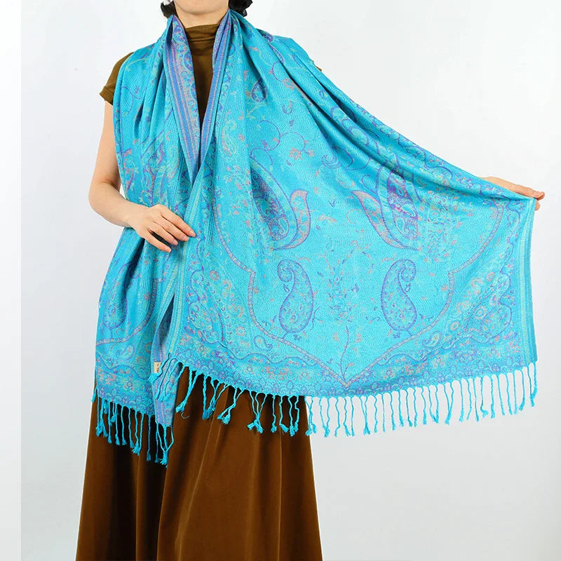 Unisex Lake Blue Paisley Luxe Pashmina Shawl | Rave Set