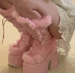 Classy Faux Fur Wedge Pink Winter Boots | Rave Set