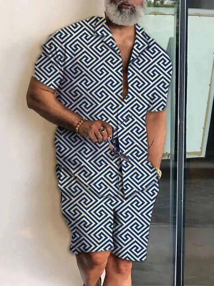 Men’s 2-Piece Short Sleeve Shirt and Shorts in Navy Geometric_Front View