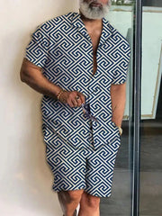 Men’s 2-Piece Short Sleeve Shirt and Shorts in Navy Geometric_Front View
