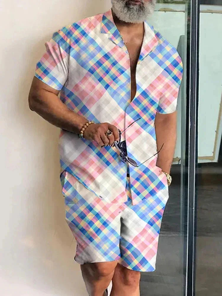Men’s 2-Piece Short Sleeve Shirt and Shorts in Pastel Plaid_Front View