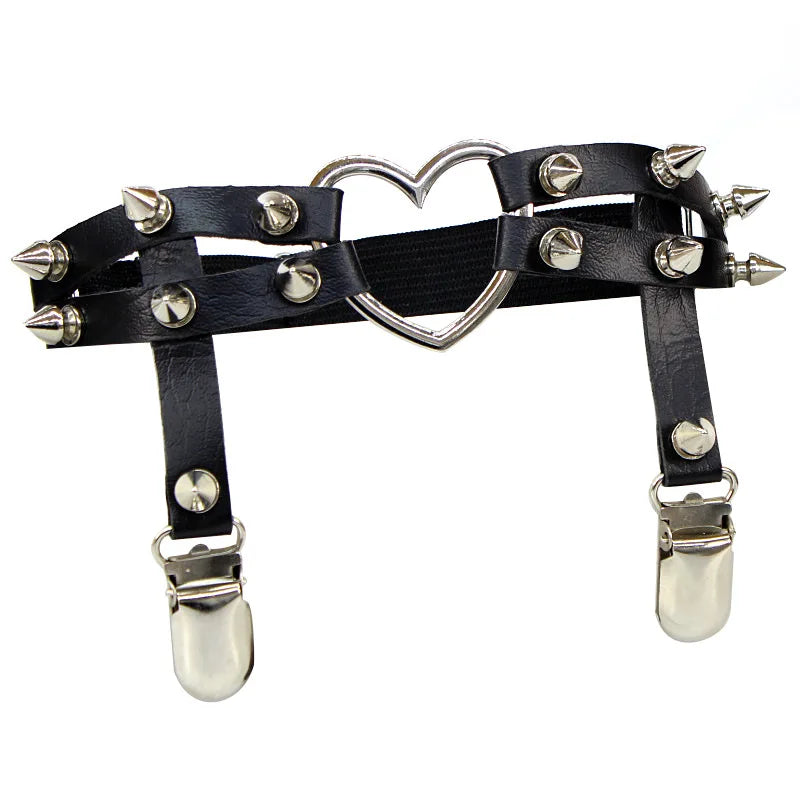 Spike Heart Black Dual-Strap Thigh Garter | Rave Set