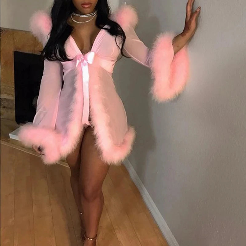 Sheer Mesh Flare Sleeve Bow Tie Jacket for Women Fairy Pink_Front View