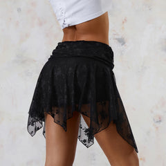 Floral Lace Ruched Mini Skirt in Black_Back