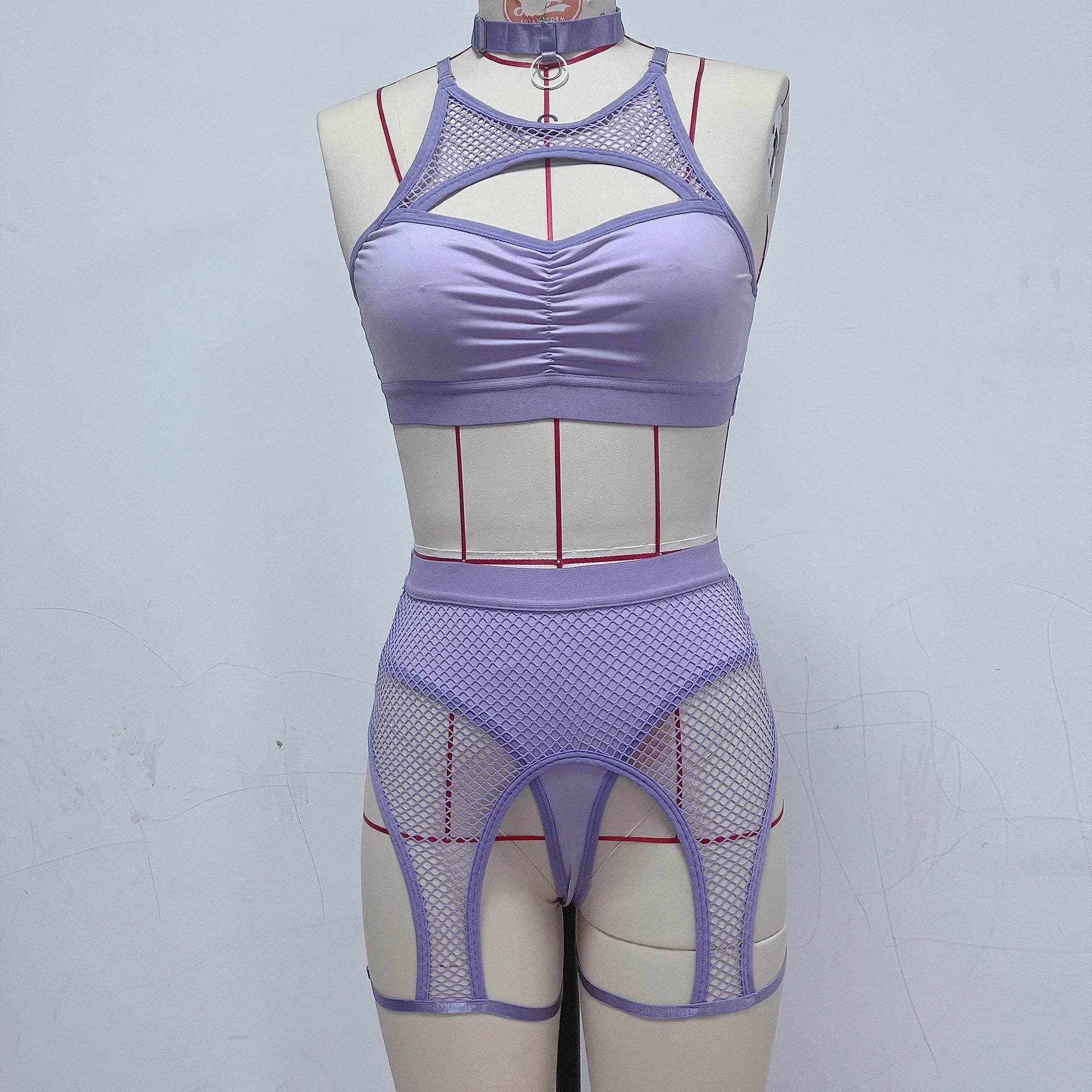 Mesh Bodysuit Bikini Set with Sheer Panels in Purple_Front View