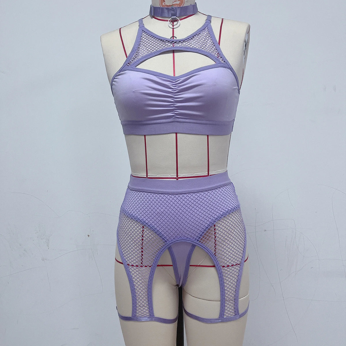 Mesh Bodysuit Bikini Set with Sheer Panels in Purple_Front View