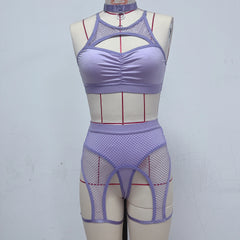 Mesh Bodysuit Bikini Set with Sheer Panels in Purple_Front View
