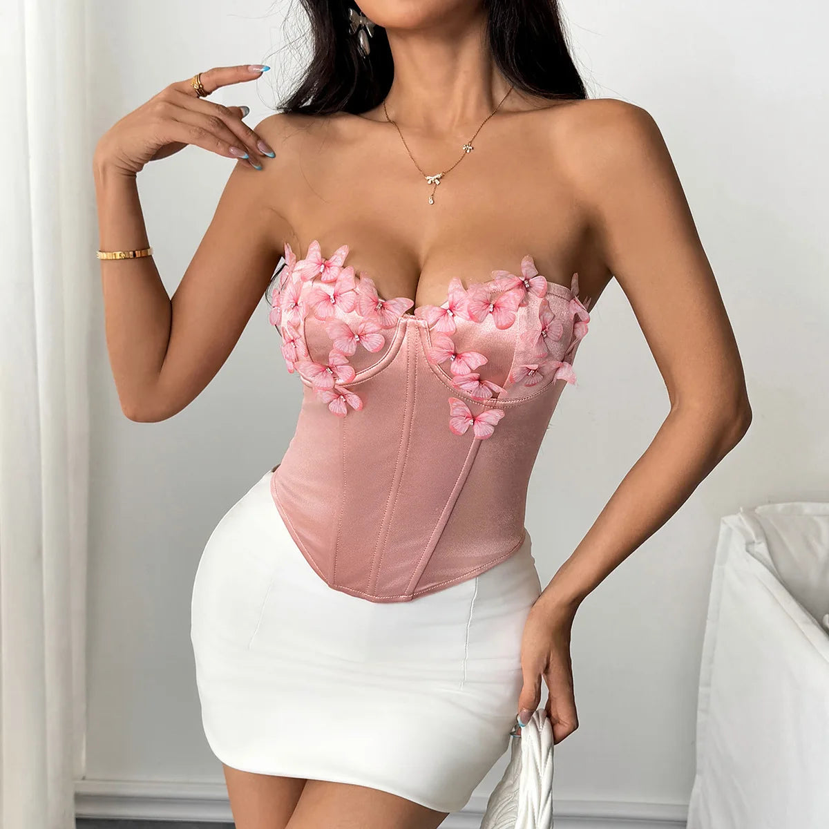 3D Butterfly Strapless Corset Top for Women Pink | Rave Set