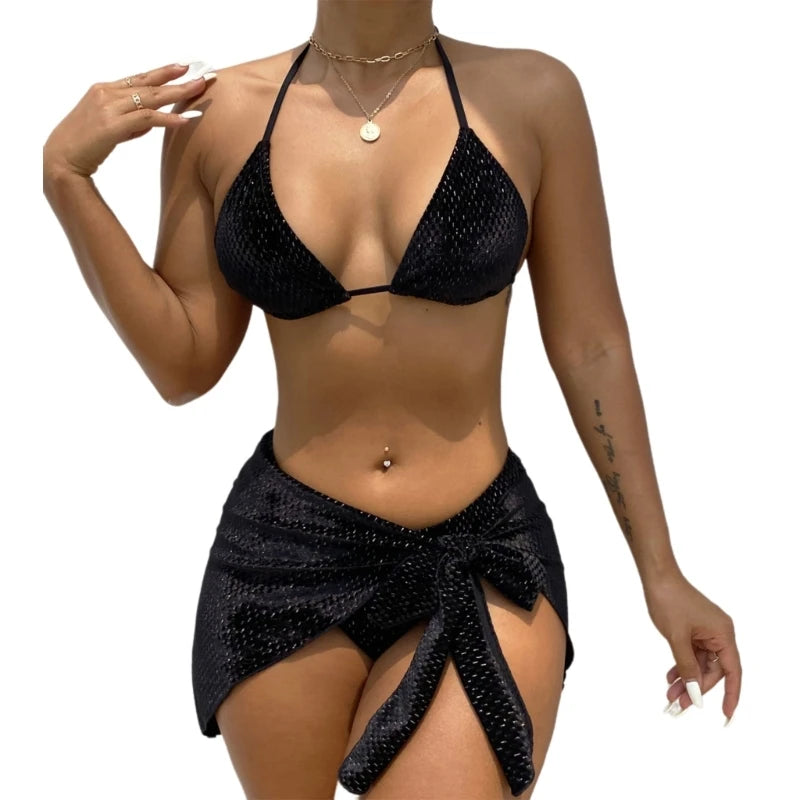 Black Bikini 3 Piece Set with Wrap Skirt for Women_Front View