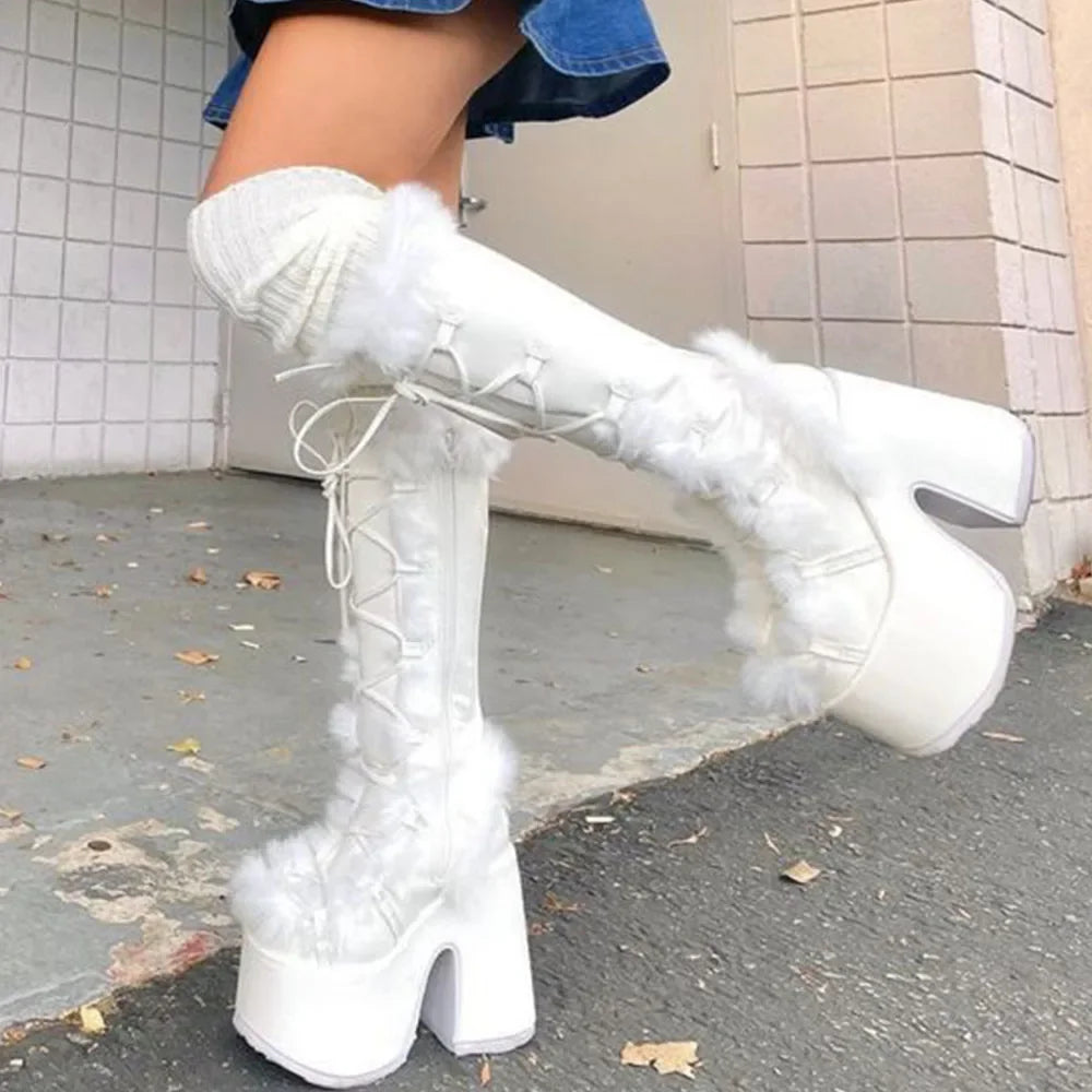White Arctic Frost Faux Fur Platform Boots | Rave Set