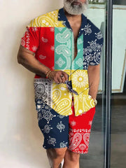 Men’s 2-Piece Short Sleeve Shirt and Shorts in Colorful Patchwork_Front View
