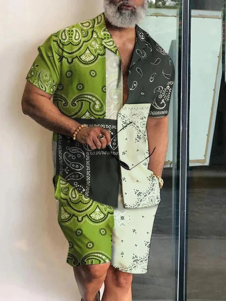 Men’s 2-Piece Short Sleeve Shirt and Shorts in Green Patchwork_Front View
