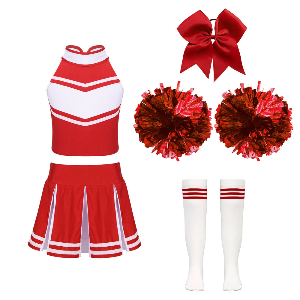 Cheerleader Costume Uniform Outfit Full Sets in Red_Front View