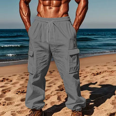 Multi Pocket Drawstring Pants for Men Steel Gray_Front View