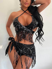 Black Drizzle Shine Women's 3Pc Bikini Set | Rave Set