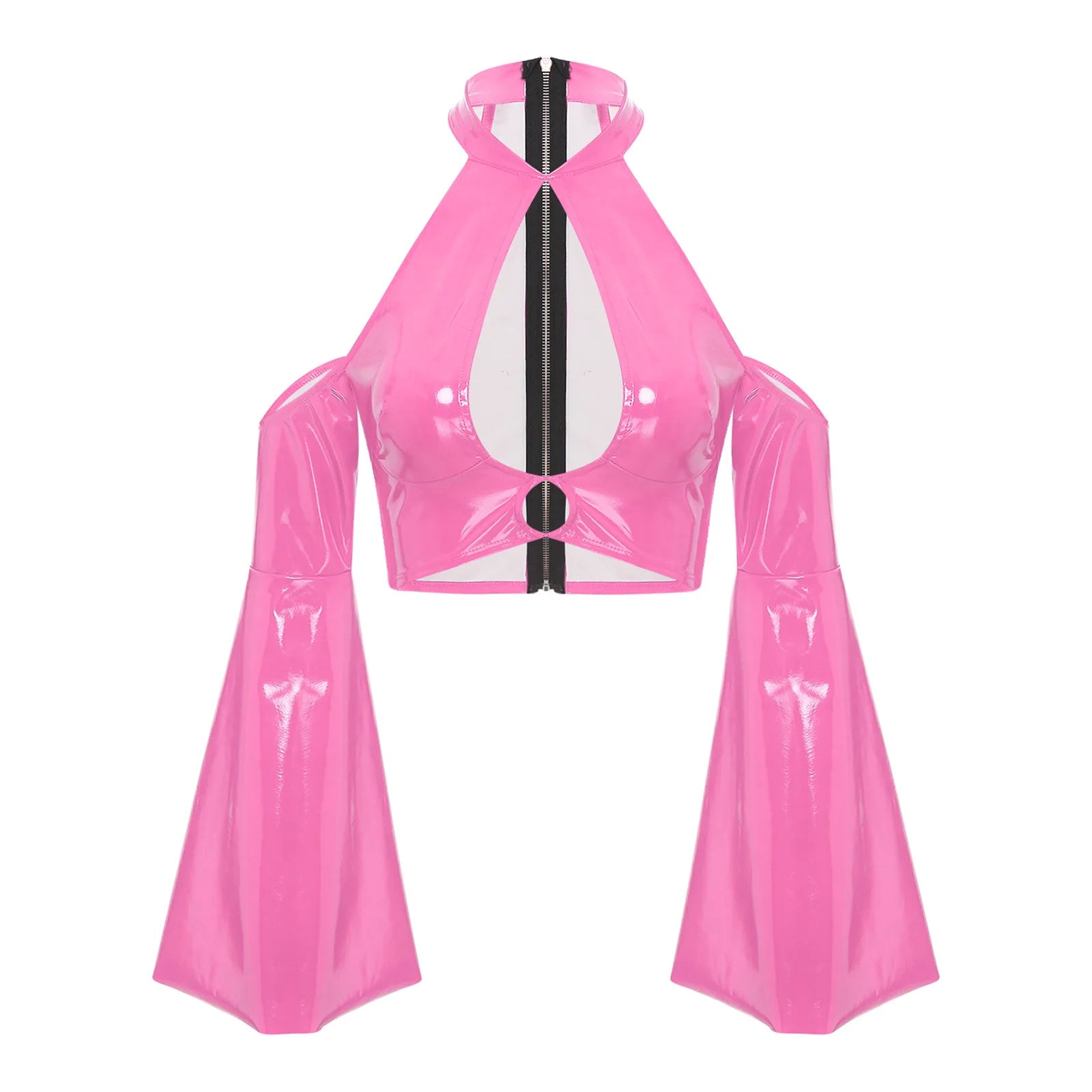 Glossy Back Zip Halter Crop Top for Women Pink_Front View