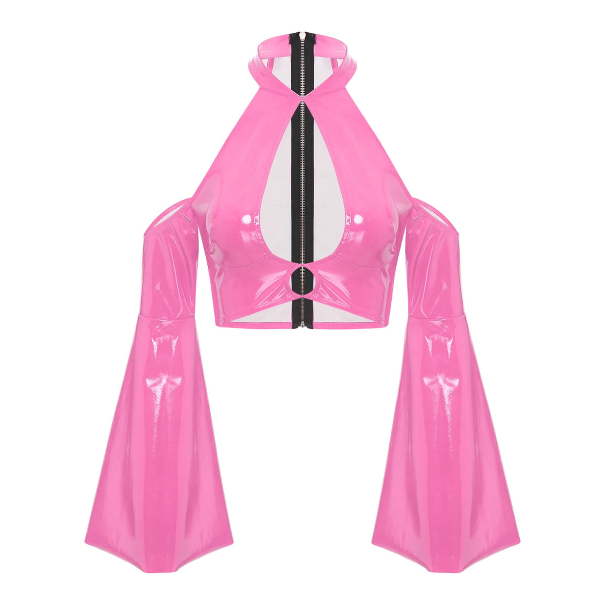 Glossy Back Zip Halter Crop Top for Women Pink_Front View