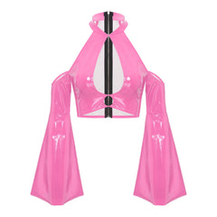 Glossy Back Zip Halter Crop Top for Women Pink_Front View