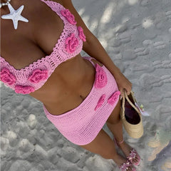 Petal Grove Women’s Pink Crochet Skirt Set | Rave Set