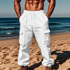 Multi Pocket Drawstring Pants for Men White_Front View
