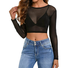 Women’s Sheer Mesh Long Sleeve Crop Top Crew Neckline_Front View