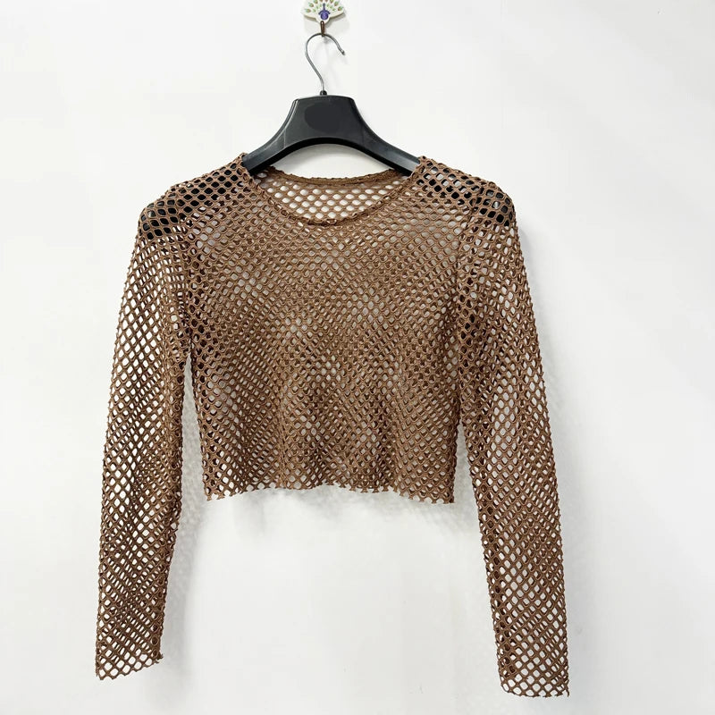 Netted Long Sleeve Crop Top for Women Brown | Rave Set