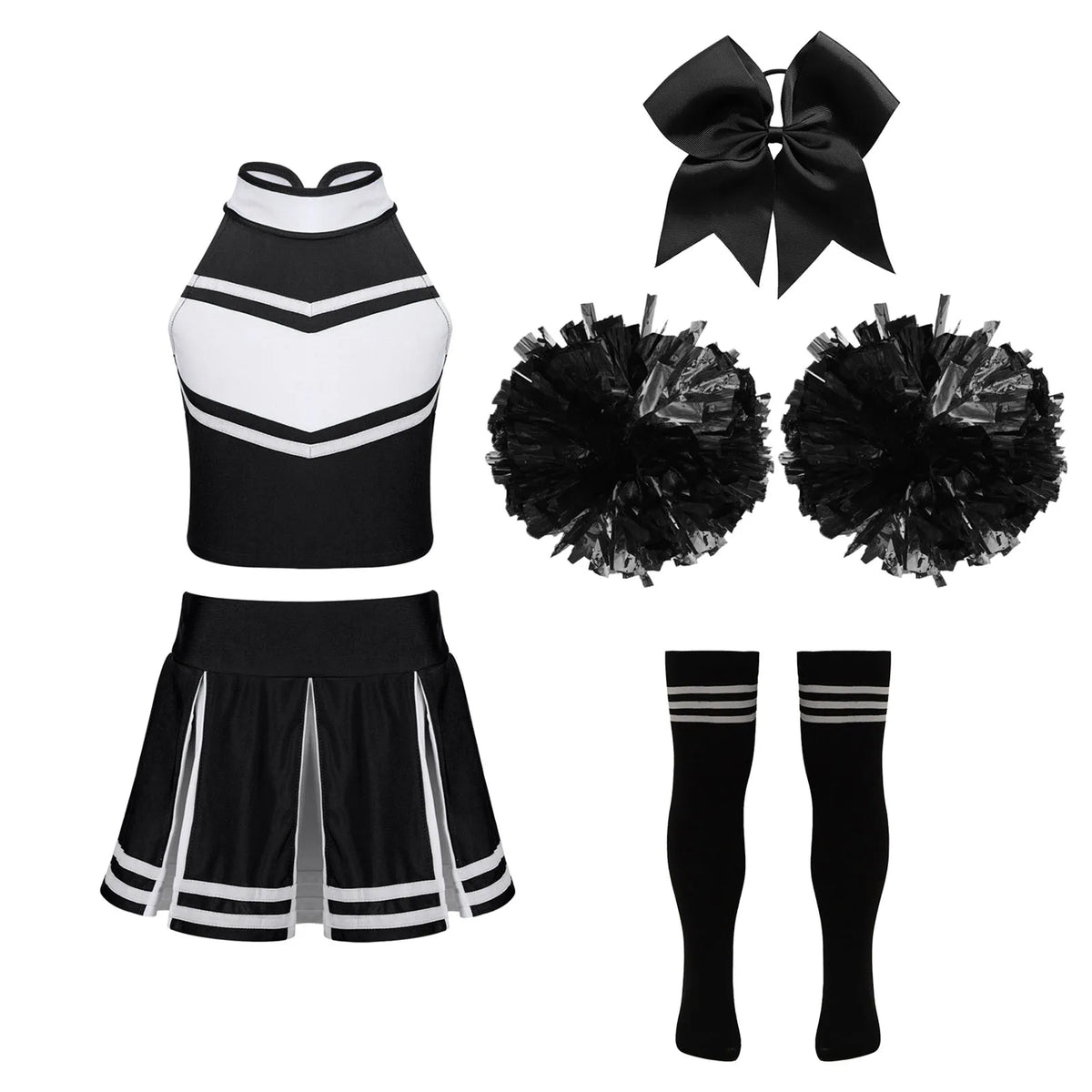 Cheerleader Costume Uniform Outfit Full Sets Black_Front View