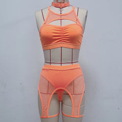 Mesh Bodysuit Bikini Set with Sheer Panels in Orange_Front View