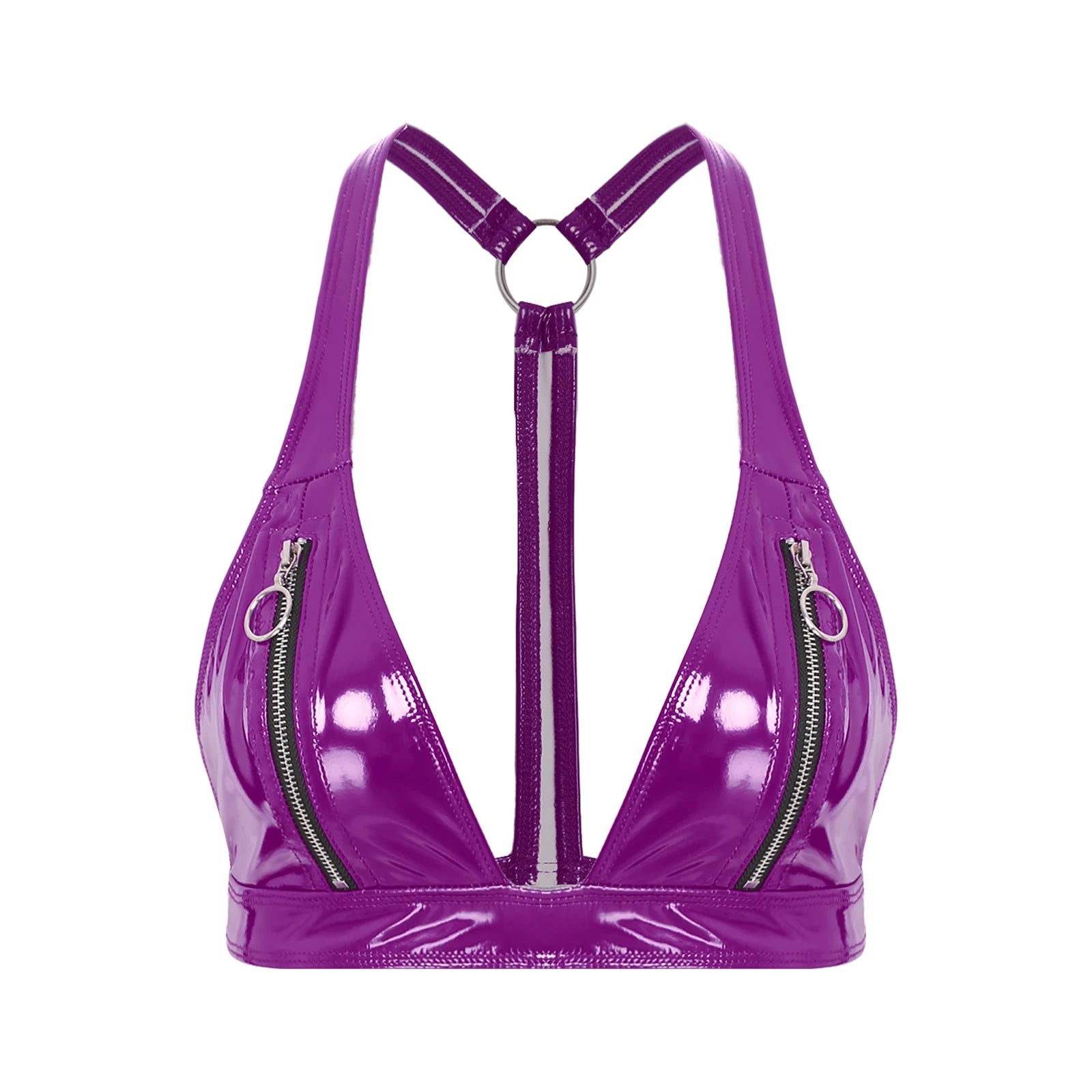 Shiny Latex O-Ring Y-Back Bralette Purple for Women_Front View