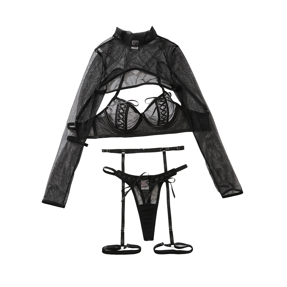 Mesh Hollow Lingerie Set for Women Black_Front View