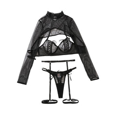 Mesh Hollow Lingerie Set for Women Black_Front View