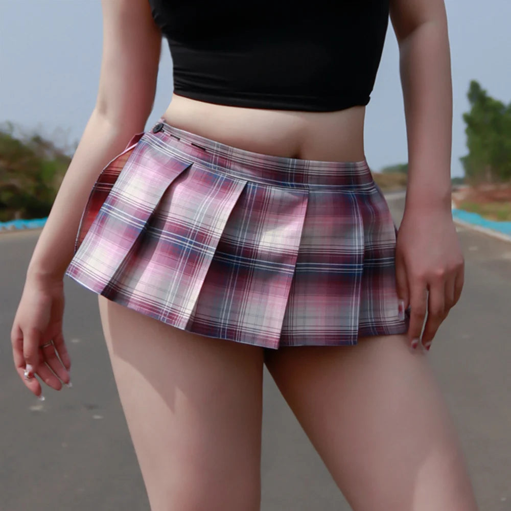 Low Rise Plaid Pleated A-Line Mini Skirt in Blush Pink_Front View