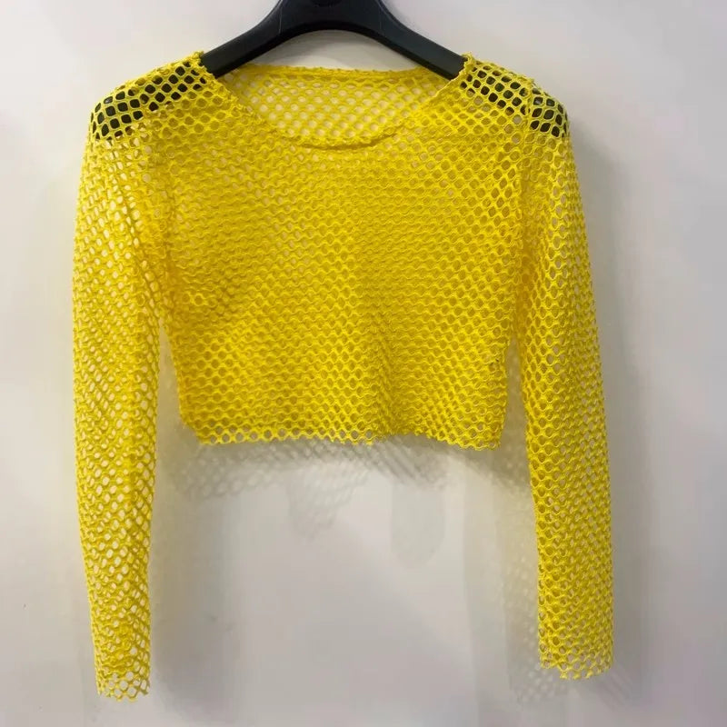 Netted Long Sleeve Crop Top for Women Yellow | Rave Set