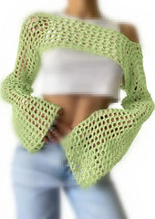 Knit Flare Sleeve Crop Shrug for Women Light green | Rave Set