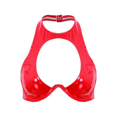 Women’s Shiny Latex O-Ring Bralette Red_Front View