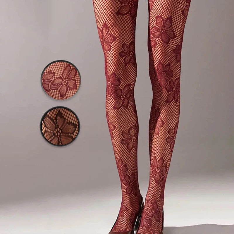 Wine Red Floral Net Tights | Rave Set